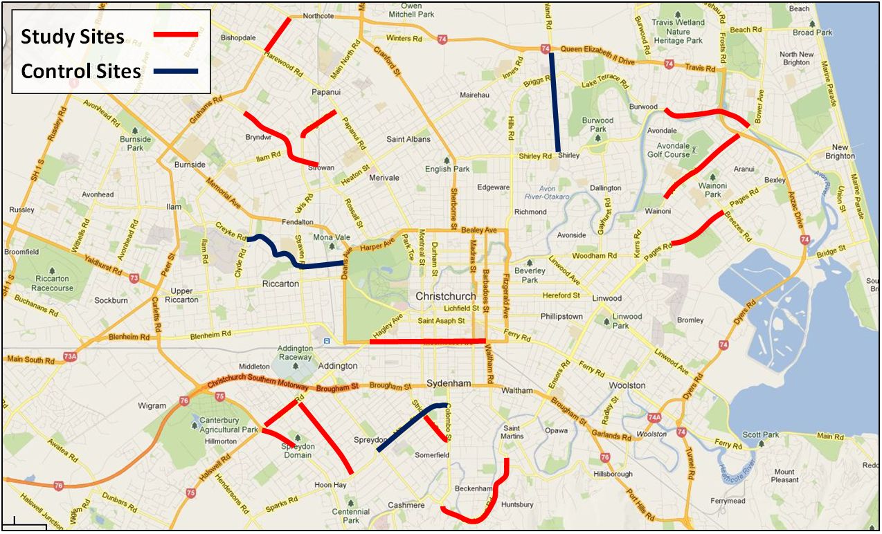 Map of Cycle Lane Study Sites