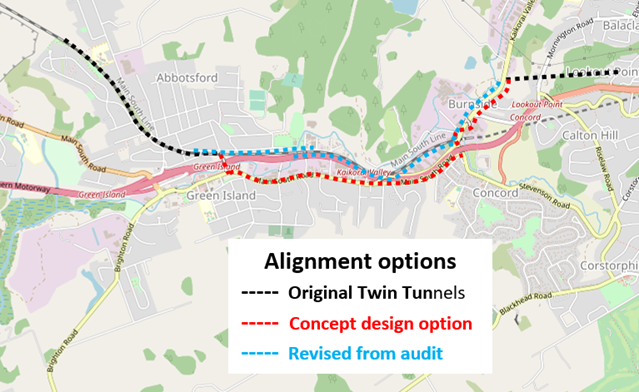 Diagram showing alignment options for the twin tunnels trail including the original, concept and revised from audit