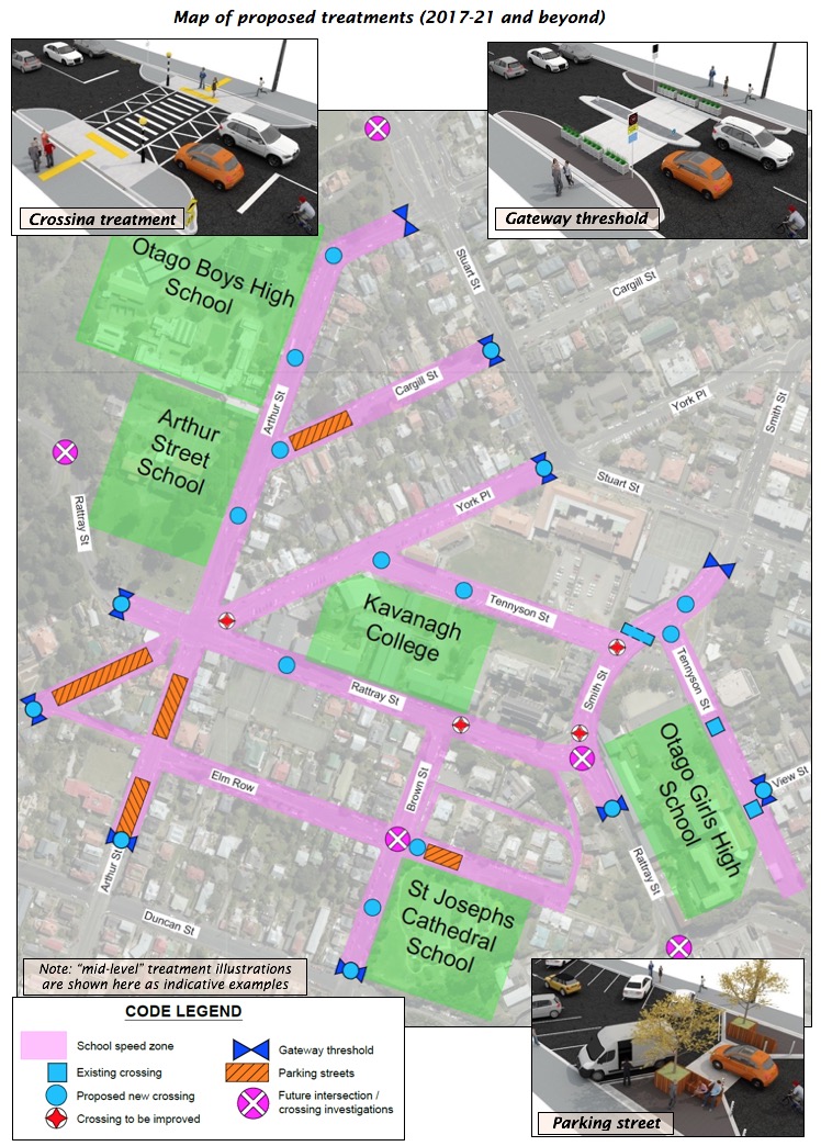 Map of five schools with typical treatment concept graphics