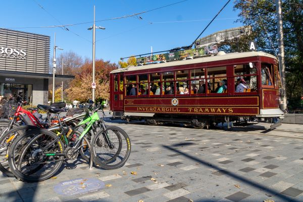 Christchurch tram with bikes parked in foreground
