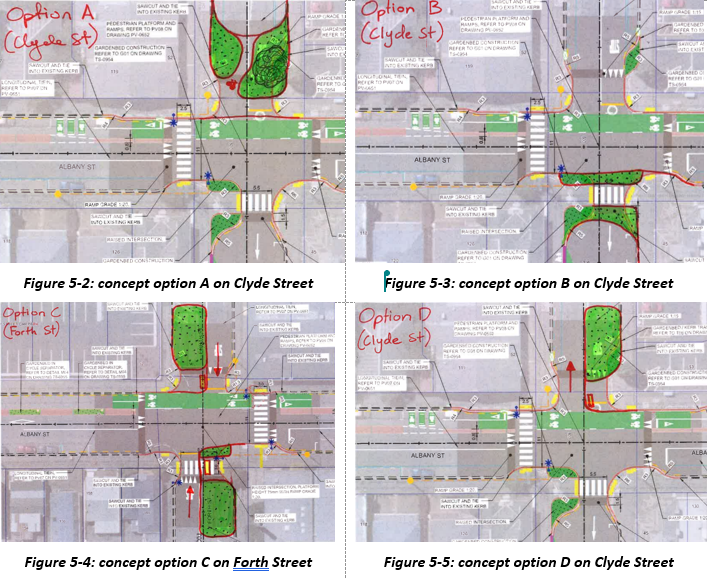 Four concept drawings for intersection crossings on Clyde/ Forth Streets