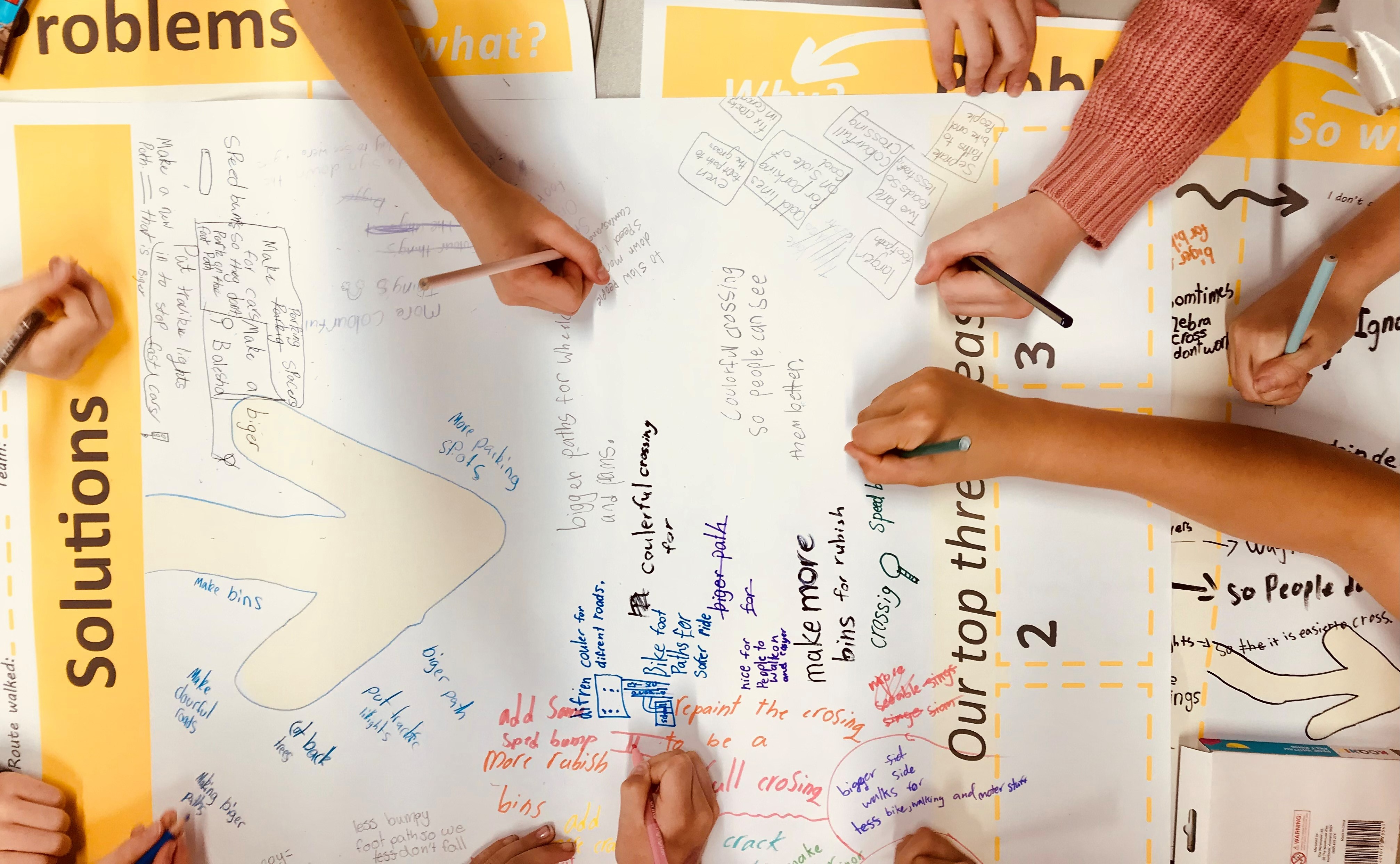 children writing down ideas on large paper