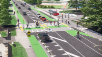 Artists impression of a route showing cycle lanes and pedestrian crossing