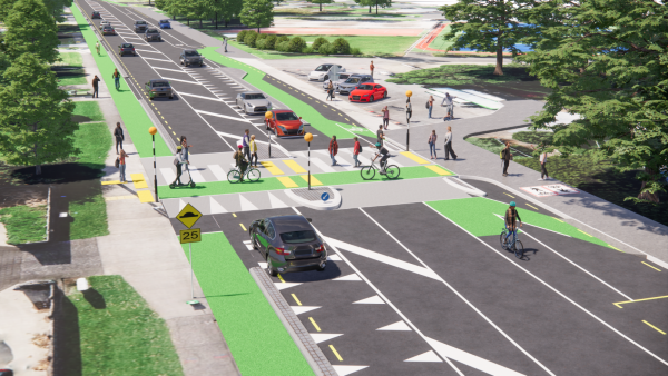 Artists impression of new route in New Plymouth showing cycle lanes and pedestrian crossing improvements