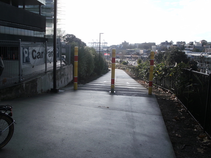 Tall bollards at start of Grafton Gully shared path, Auckland