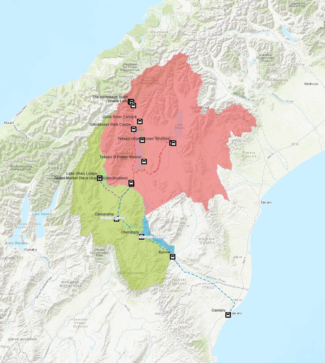 Map of Shuttle services in Mackenzie District