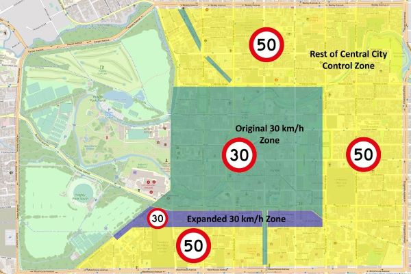 Original 30 km/h zone, control zone and extension to the 30 km/h zone