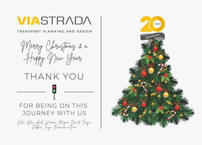 Merry Christmas and a Happy New Year. Thank you for being on this journey with us, signed by all the ViaStrada team. Image features a Christmas tree topped by our 20 years anniversary logo