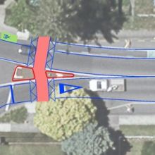 One of the seven treatments in the toolbox is a combination enlarged splitter island, changes to the lane delineation through roadmarking, and a raised safety platform (red colouring is for clarity but it is not proposed that the red colouring would be used)