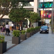 urban street with pavers and planter boxes