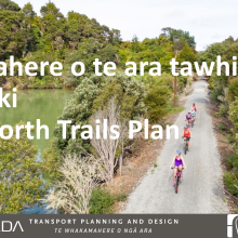 Overhead image showing people cycling on a trail in the Far North of New Zealand