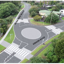 concept design showing a low cost trial roundabout with pedestrian crossings to address traffic congestion and children’s safety getting to school