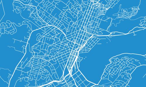 Blue and white vector image of a map of Dunedin city urban centre