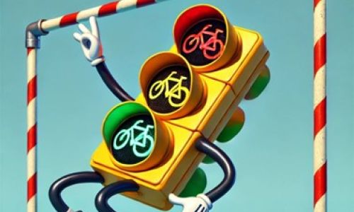 Cartoon of a cycle signal doing the limbo under rail