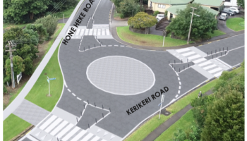 concept design showing a low cost trial roundabout with pedestrian crossings to address traffic congestion and children’s safety getting to school